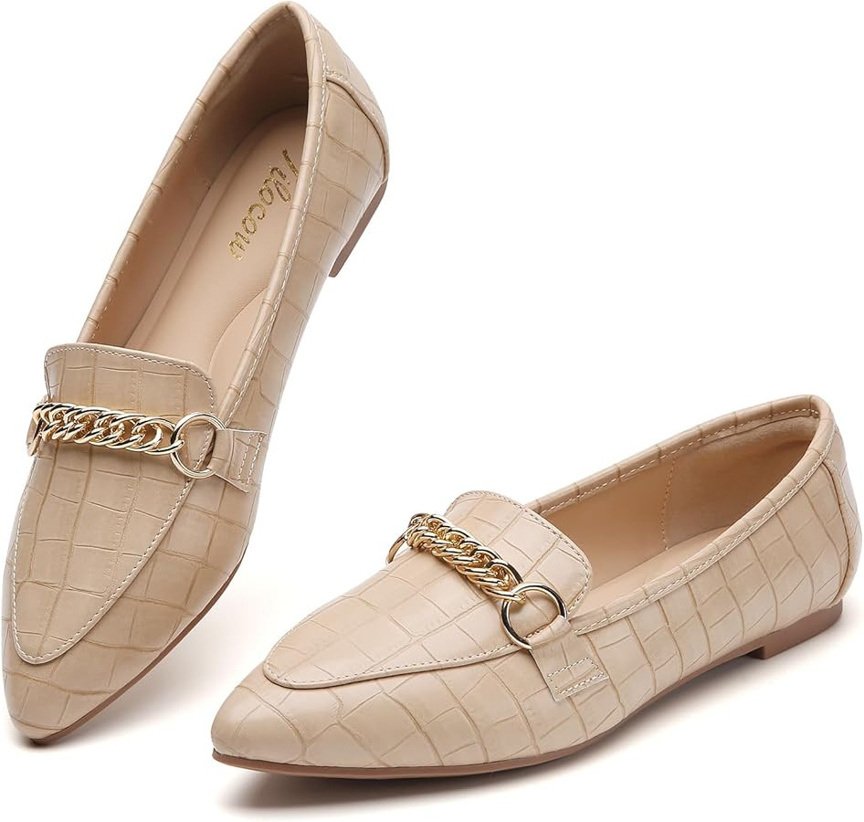 Tilocow Metal Chain Loafers for Women Pointed Toe Slip on Flats Comfortable Fashion Work Shoes | Amazon (US)