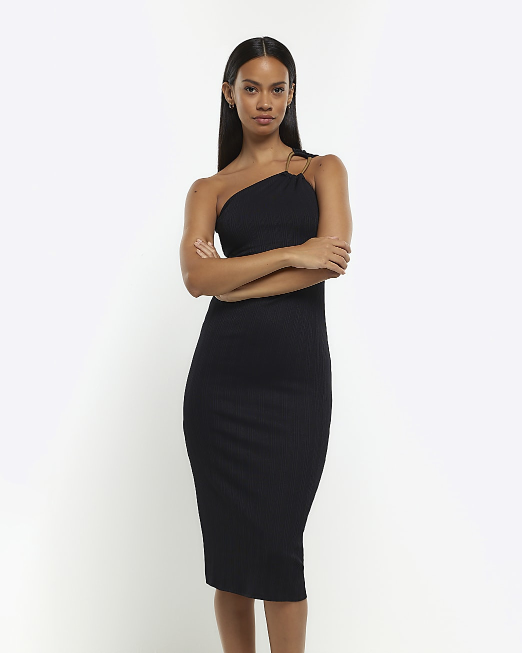 Black one shoulder bodycon midi dress | River Island (US)