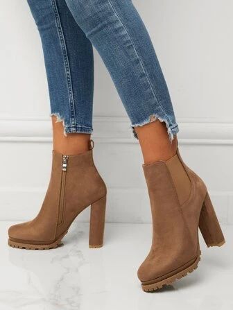 Women's Elegant Brown Solid Color Chelsea Boots With Faux Suede, Side Zipper And Chunky Heels | S... | SHEIN