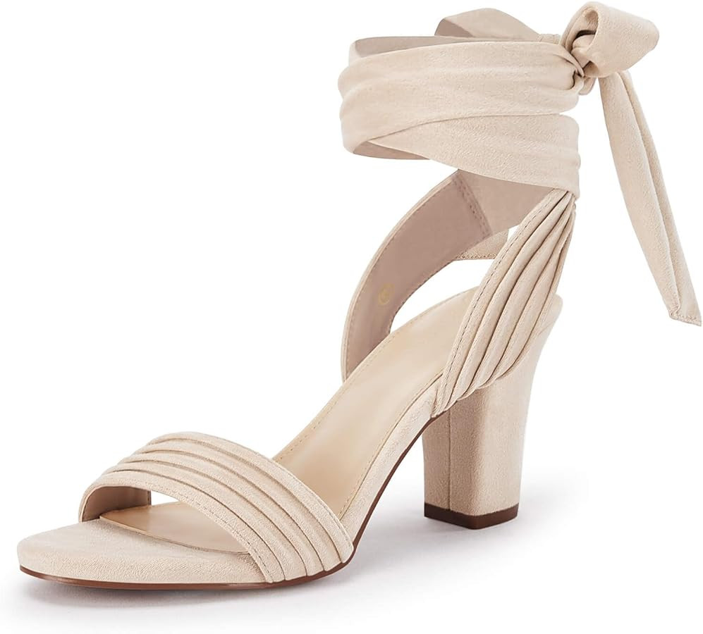 Coutgo Womens Strappy High Heels Chunky Heeled Sandals Bow Tie Lace Up Open Toe Pumps Dress Wedding Comfortable Shoes | Amazon (US)