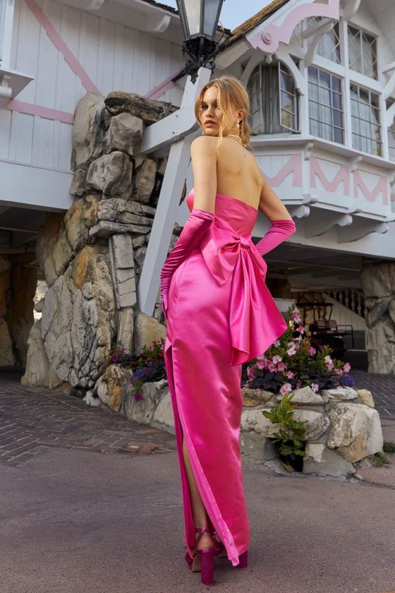 Fabulous Intentions Hot Pink Satin Strapless Bow Maxi Dress | Lulus (US)