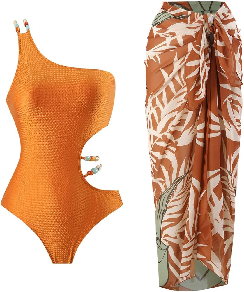 IMEKIS Women Tan Orange One Piece Swimsuit with Sarong Set 2024 Brown Swimsuit Amazon | Amazon (US)