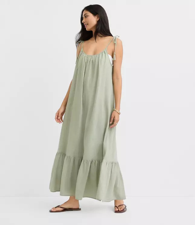 LOFT Beach Tie Strap Linen Cotton Maxi Dress | LOFT