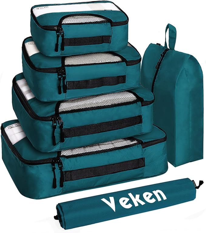 Veken 6 Set Packing Cubes, Travel Luggage Organizers with Laundry Bag & Shoe Bag (Black Leaf) | Amazon (US)