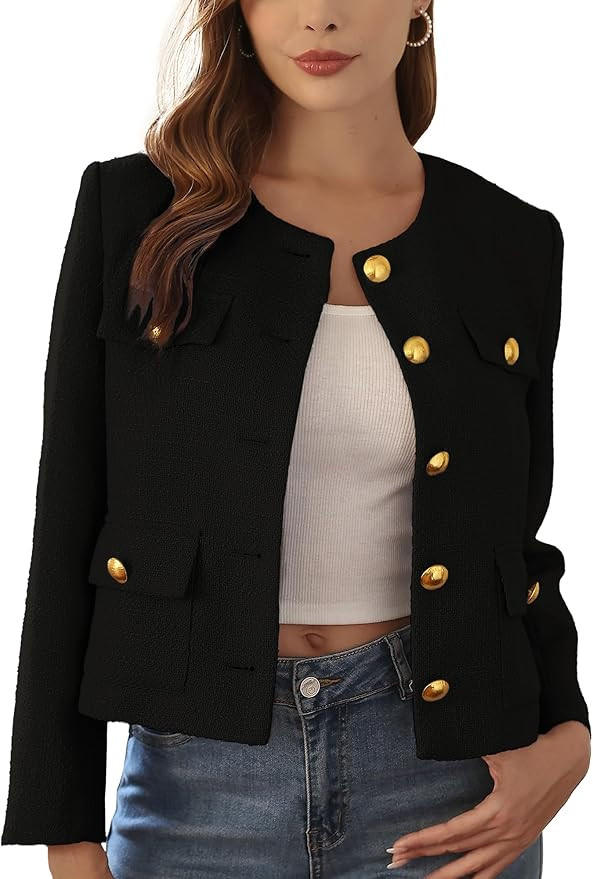 M.Infisavo 2025 Women Tweed Jacket Cropped Blazers Fall Winter Elegant Round Neck Pockets Busines... | Amazon (US)