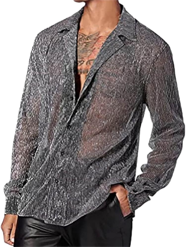 Mens Button Down Shirts Fashion Spring and Summer Casual Long Sleeve Nightclub Breathable Shirt B... | Amazon (US)