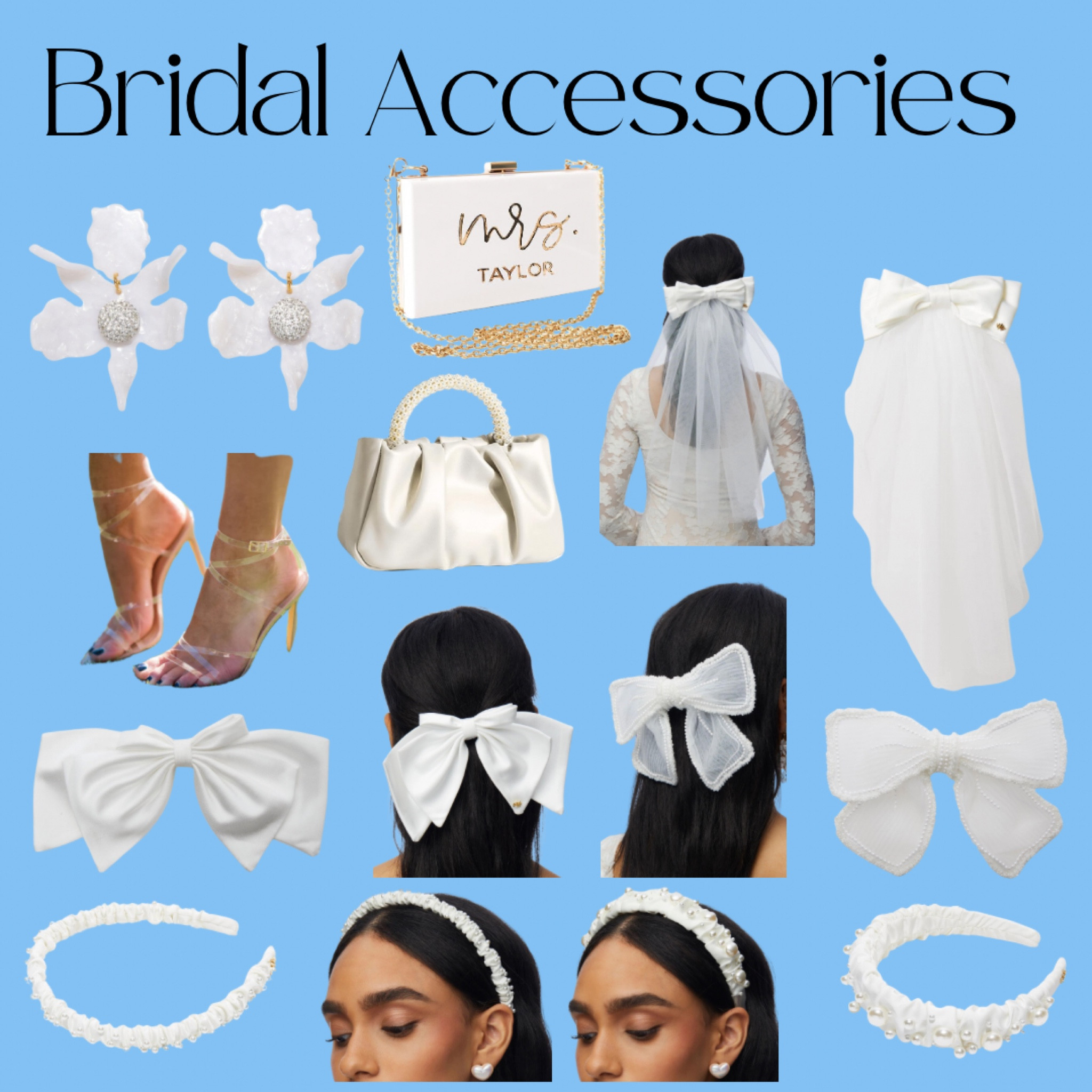 BRIDE earrings, shoes, heels, strappy heels, purse, headbands, bow, bow barrettes, bow veils, pearl, satin, floral

#LTKSeasonal #LTKStyleTip #LTKWedding
