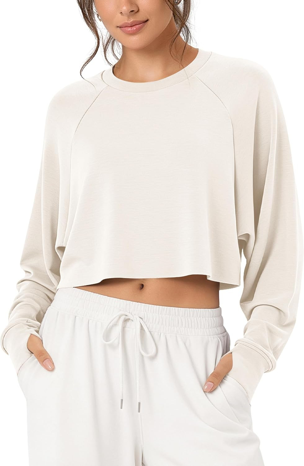 ODODOS Modal Soft Long Sleeve Cropped Sweatshirts with Thumb Hole for Women Crew Neck Pullover Crop Top | Amazon (US)