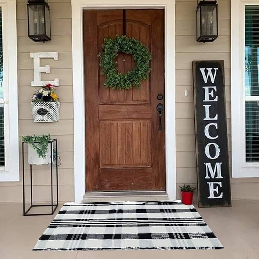 CAINANEL Buffalo Plaid Outdoor Rug Black and White Rug 27.5 x 43 Inches Cotton Hand-Woven Checker... | Amazon (US)
