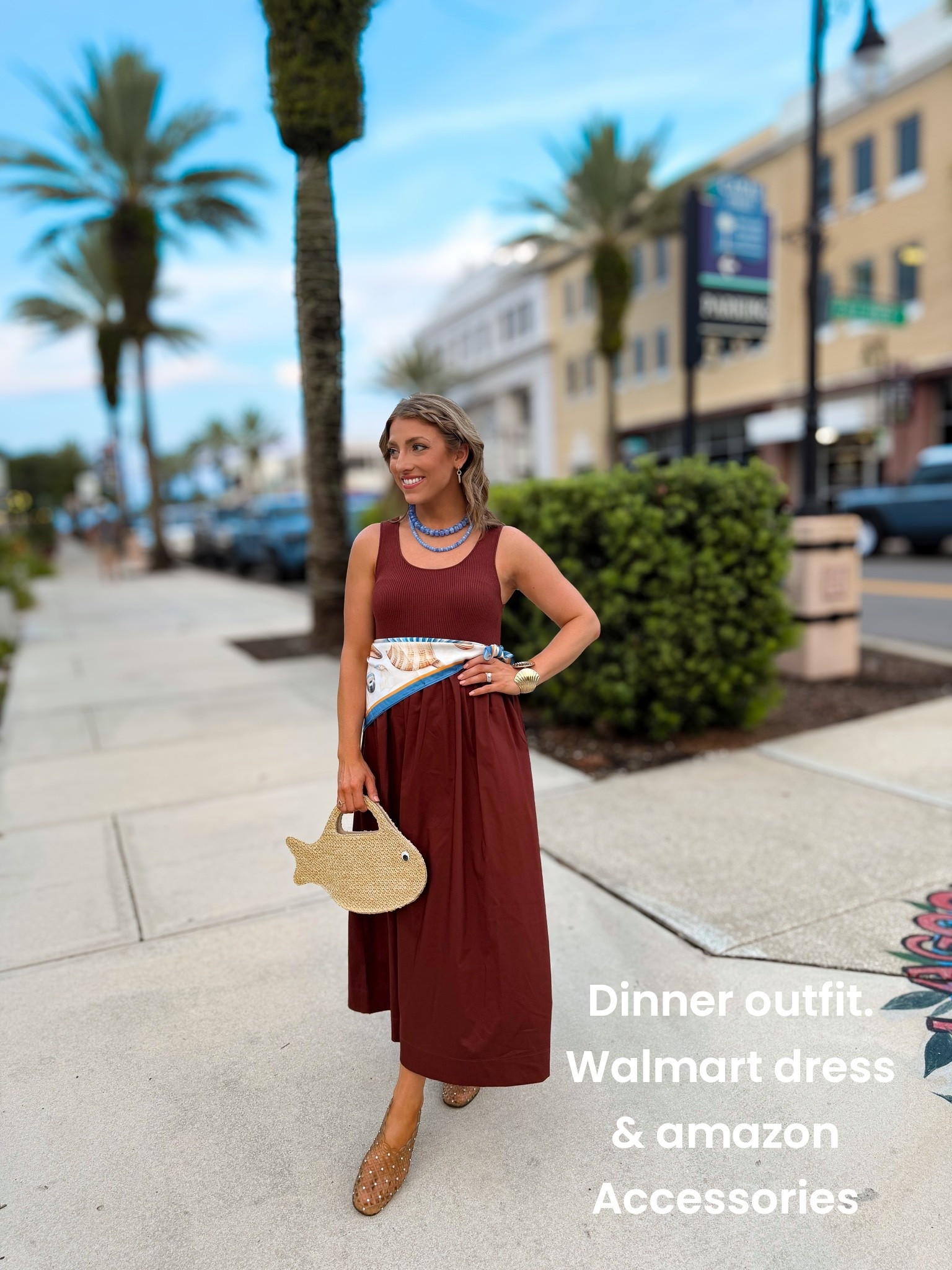 This Walmart midi dress is one of my favorite vacation finds! 🤎 I styled it with the cutest Amazon seashell print scarf tied around my waist for a fun coastal touch that completely transforms the look. Add a fish-shaped straw bag and beachy accessories, and you have the perfect outfit for dinner by the water, vacation nights, or strolling through your favorite beach town.

Affordable pieces styled together always create my favorite looks!

#WalmartFashion #WalmartFinds #AmazonFashion #AmazonAccessories #VacationStyle #BeachStyle #CoastalStyle #ResortWear #SummerStyle #BeachDinnerOutfit #AffordableFashion #MidiDress #BeachVacation #SeashellPrint #VacationOutfit #OOTD #SummerFashion #TravelStyle #StyleInspiration #AffordableStyle