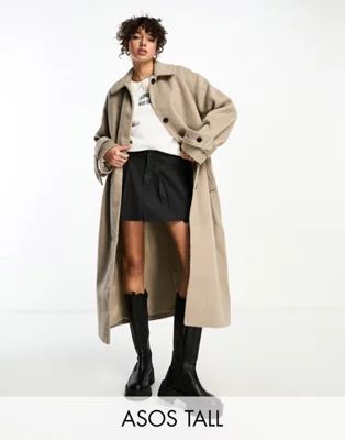 ASOS DESIGN Tall - Manteau boyfriend habillé brossé en laine mélangée - Champignon | ASOS (Global)