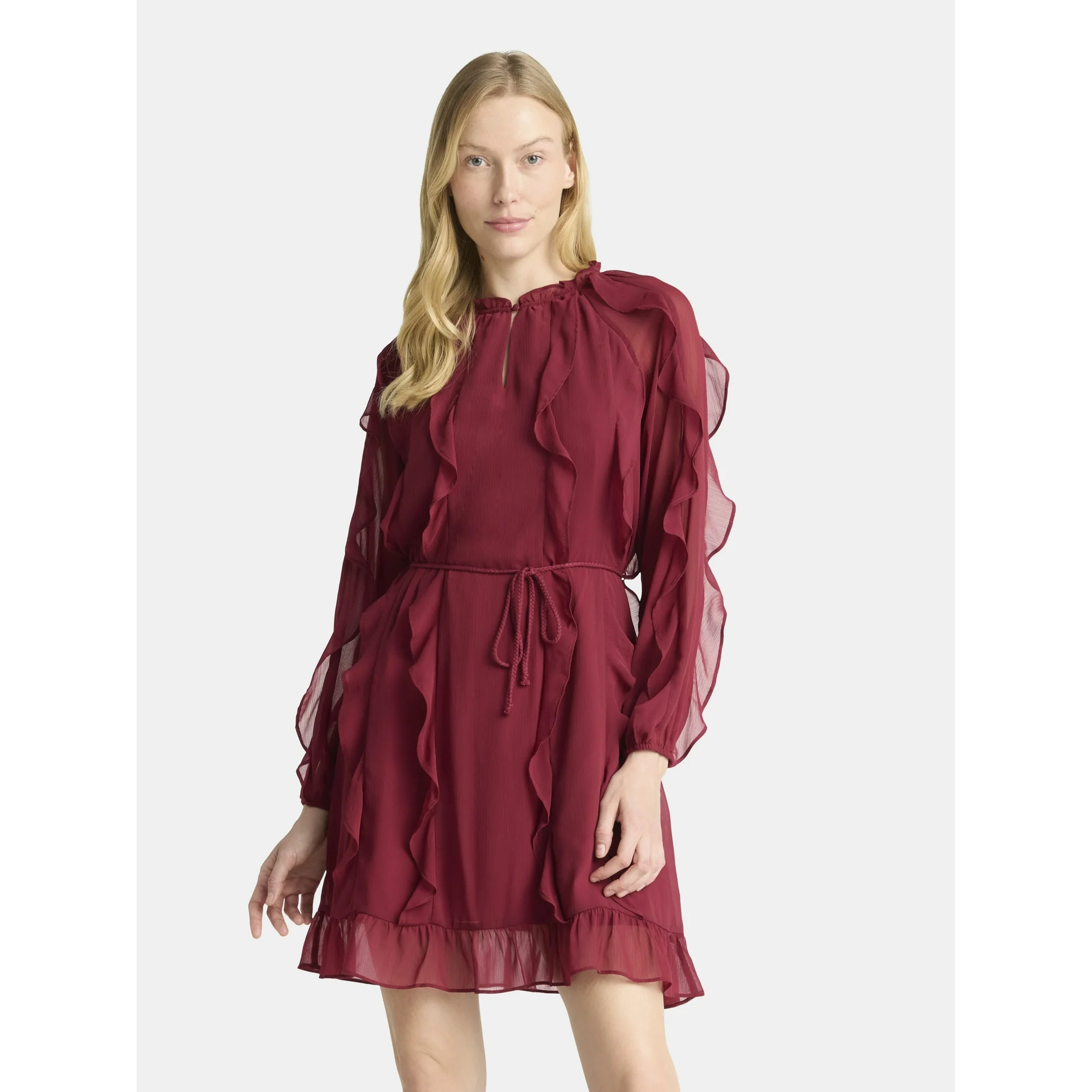 Time and Tru Women's and Women's Plus Belted Ruffle Mini Dress, Sizes XS-4X | Walmart (US)