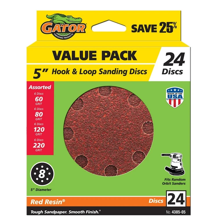 Gator 5-Inch 8-Hole Aluminum Oxide Hook and Loop Sanding Disc, Assorted 60/80/120/220 Grit, 24-Pa... | Walmart (US)