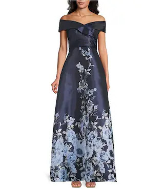 Off-The-Shoulder Floral Printed Jacquard Long Gown | Dillard's