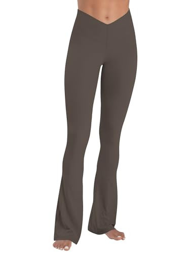 Sunzel Mini Flare Leggings for Women V Crossover Mid Rise Workout Flared Yoga Pants with Tummy Control and Wide Leg 30" Seal Brown Large | Amazon (US)