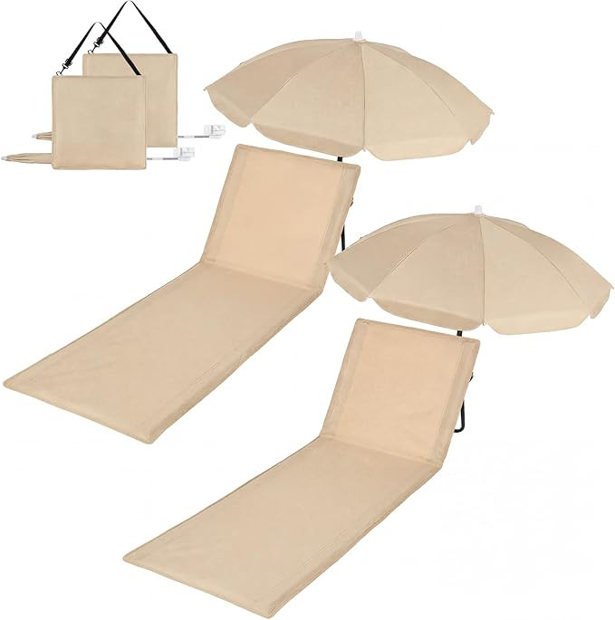 2 Set Beach Chairs with Umbrella Portable Beach Lounger Lightweight Foldable Outdoor Lounger Chai... | Amazon (US)