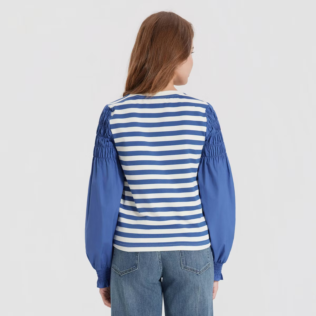 Women's Puff Long Sleeve Blouse - Universal Thread™ Navy Blue/White Striped M | Target