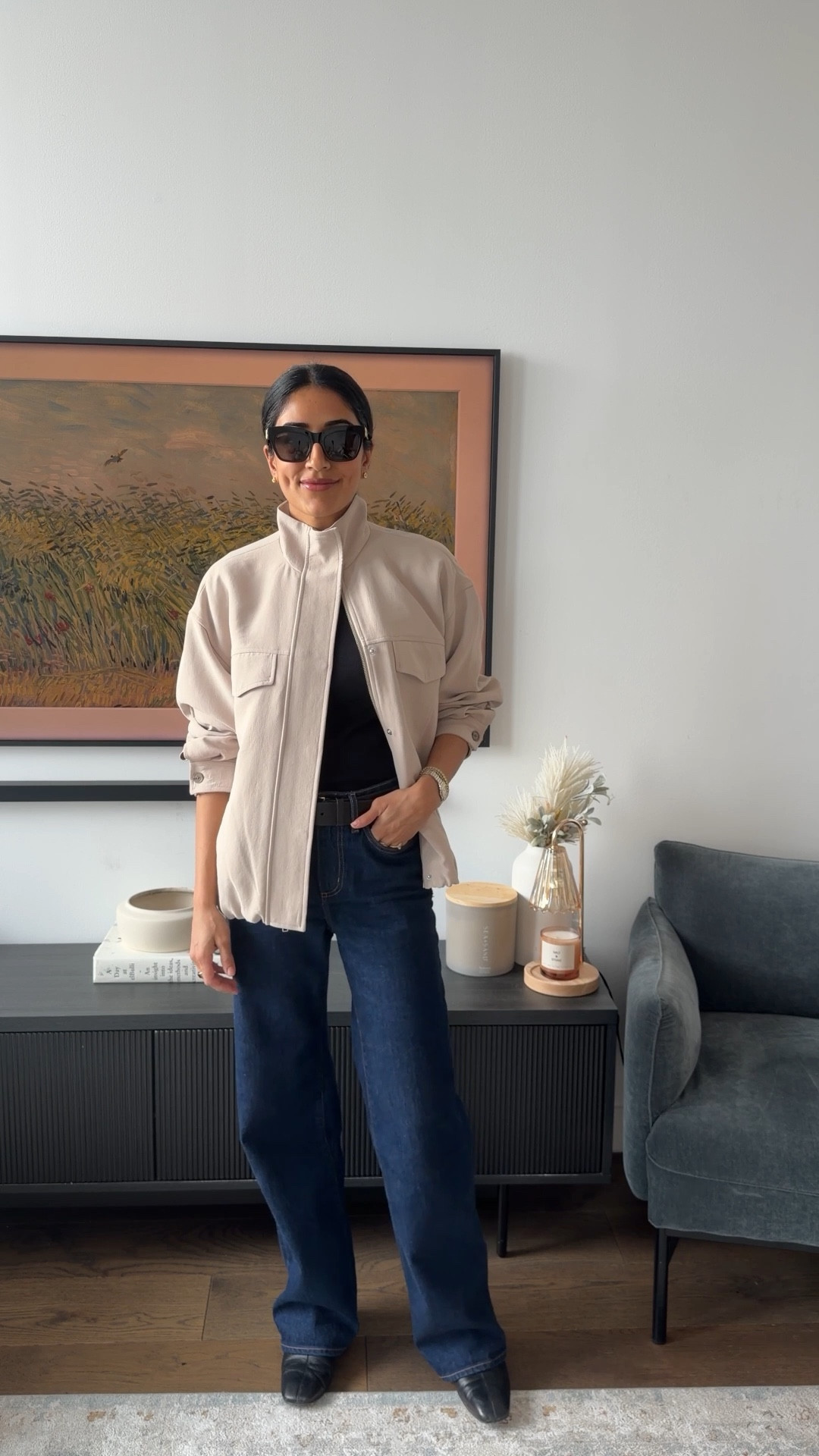 What I’m wearing today! Wearing a size xs in the jacket (very oversized fit) size 25 in the jeans (TTS) and size small in my long sleeve (I own this in multiple colors, the best layering piece) 