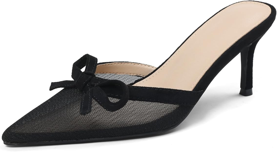 Celbreez Kitten Heels Mesh Mules for Women Black Pumps Bow Closed Pointed Toe Black High Heels Sl... | Amazon (US)