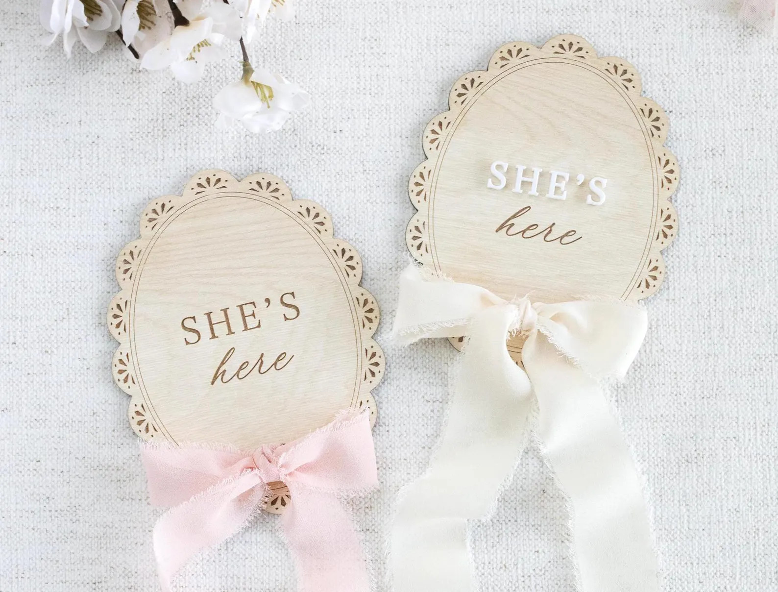 Wooden 'she's Here' Baby Announcement Sign With Ribbon - Etsy | Etsy (Global)