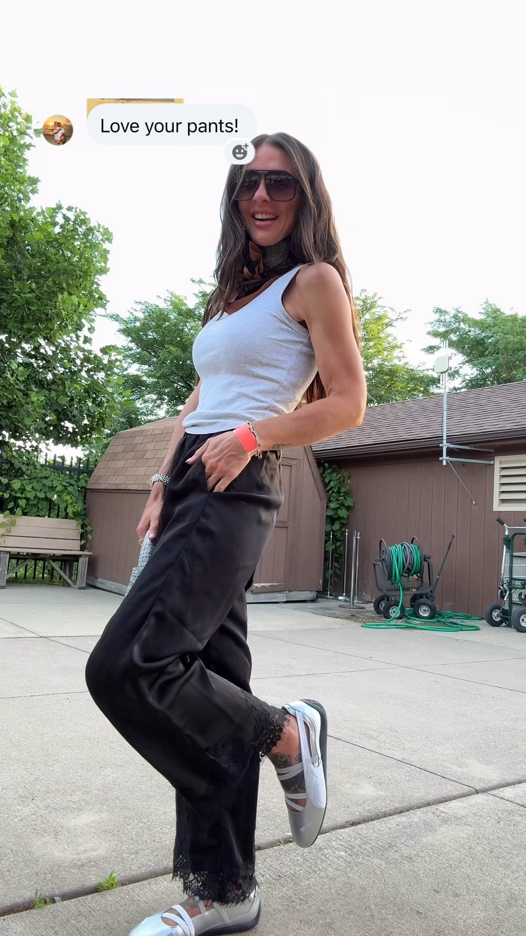 Lace trim satin pants.
