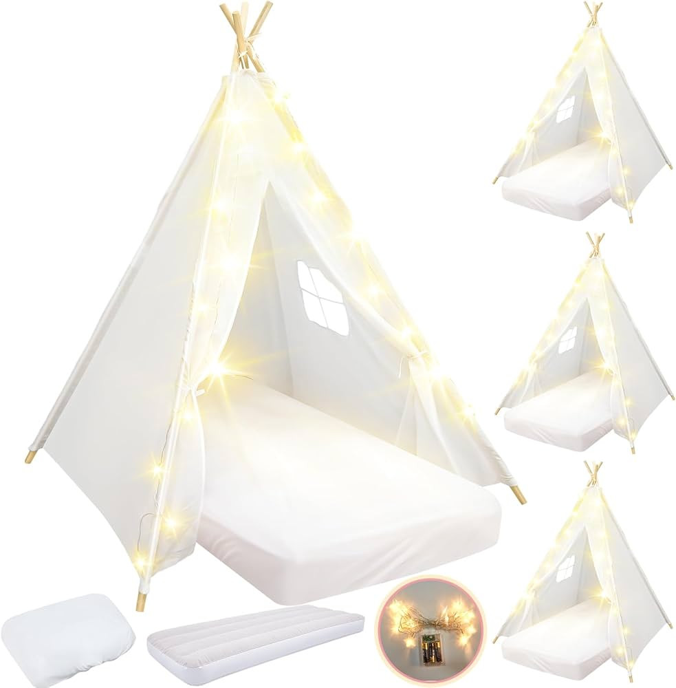 Lemosae 4 Set Kids Teepee Tent Bulk with Light String & Inflatable Airbed & Bedding Fitted Sheet,... | Amazon (US)