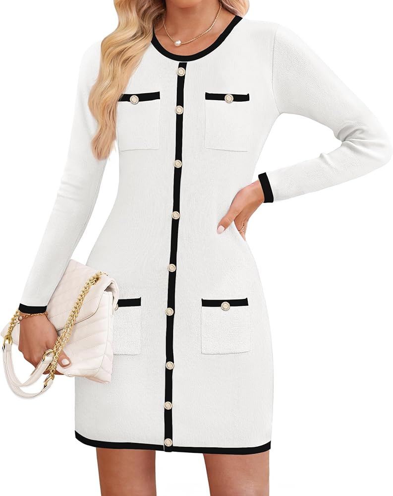 ZESICA Fall Dresses for Women 2024 Long Sleeve Button Color Block Knit Bodycon Short Sweater Dres... | Amazon (US)