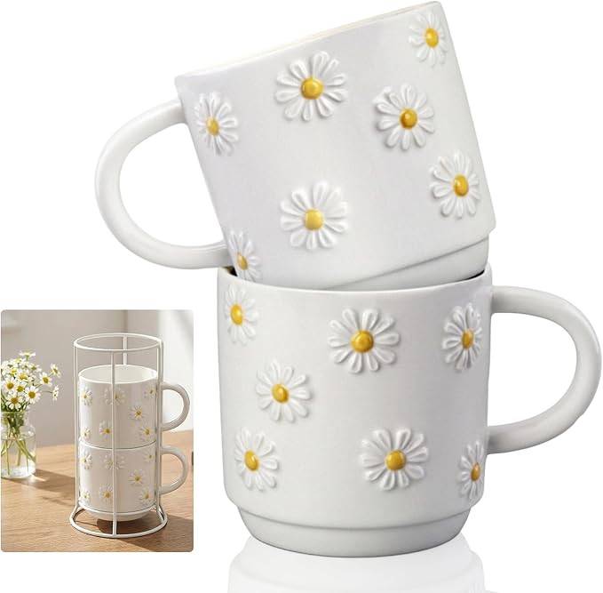 LemonRoad 2 Pcs Daisy Icon Coffee Mugs 12 oz Stackable Cute Floral Coffee Mugs with Handle for Sp... | Amazon (US)