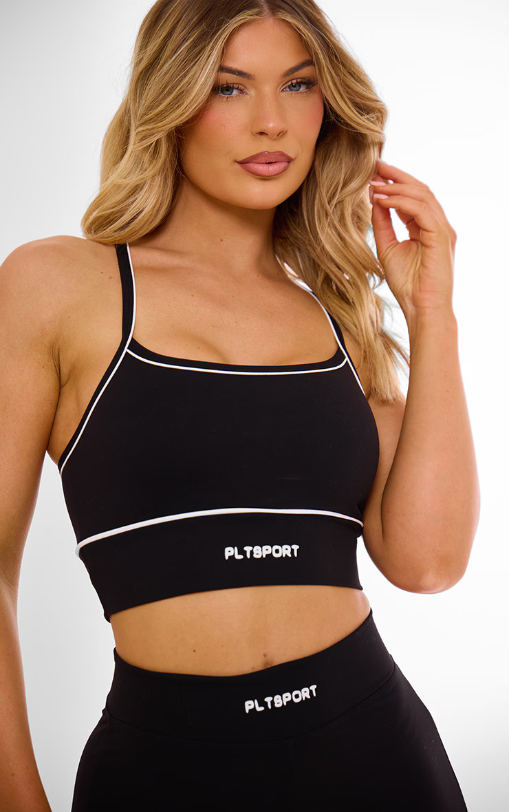 Black Plt Sport Sculpt Square Neck Strappy Back Contrast Binding Crop Top | Pretty Little Thing (Australia & New Zealand)