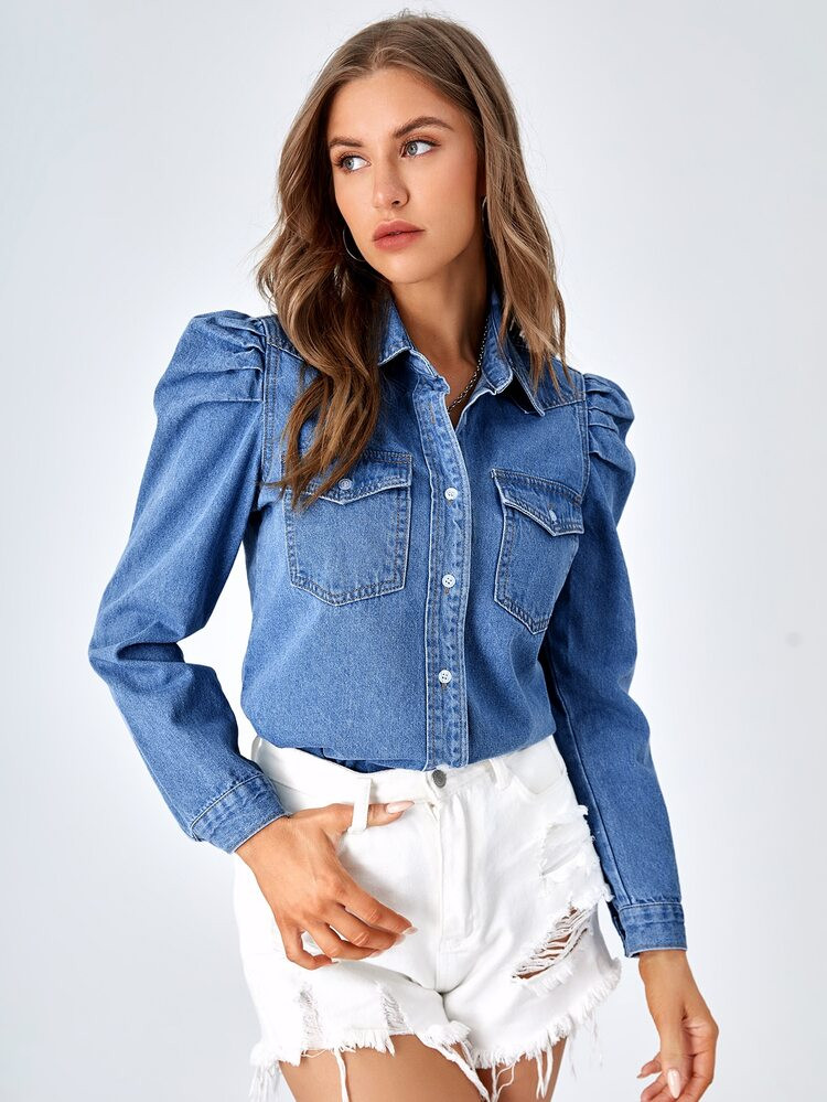 Jeanshemd mit Pattentasche, Keulenärmeln | SHEIN