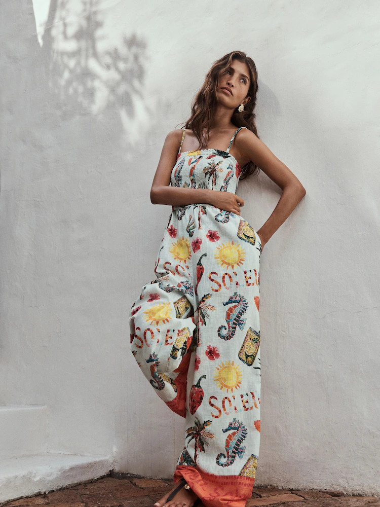 Mosaic Conversational Print Linen Blend Bandeau Jumpsuit With Detachable Straps | Next US