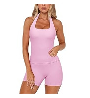 SUUKSESS Women 2 Piece Workout Sets Halter Neck Yoga Tops Gym Biker Shorts | Amazon (US)