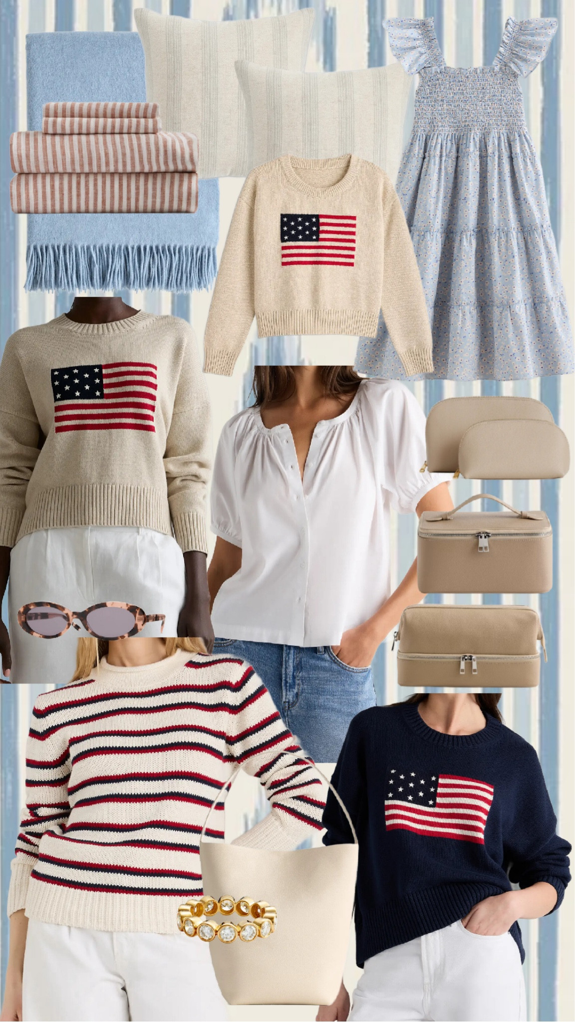 Red, white, and effortlessly classic 🇺🇸✨

If you’re looking for pieces that feel timeless (not trendy), this edit is so good. Think heirloom knits, soft stripes, and the sweetest little summer dress that you’ll pull out year after year.

I’m especially loving the flag sweaters styled back to crisp white denim—such an easy outfit formula for everything from summer travel days to casual dinners. And don’t even get me started on the blue smocked dress… it’s giving all the charm 🤍

Everything here mixes + matches beautifully and would be perfect for Memorial Day, the 4th, or just everyday classic style.

Linked everything for you below 🫶🏻

⸻

PRODUCT LIST:

* American flag knit sweater (cream)
* American flag sweater (navy)
* Red, white & navy striped sweater
* White short sleeve blouse (lightweight, everyday staple)
* Blue smocked ruffle dress
* White denim jeans
* Neutral woven tote bag
* Gold statement bracelet
* Tortoise sunglasses
* Neutral cosmetic/toiletry bags (great for travel)
* Blue throw blanket
* Neutral stripe pillows
* Red stripe towels (perfect subtle patriotic touch)

⸻

HASHTAGS:

#LTKStyle #LTKSeasonal #LTKFinds #GrandmillennialStyle #ClassicStyle #TimelessStyle #PatrioticStyle #FourthOfJulyStyle #SummerOutfits #ClassicFashion #PreppyStyle #CoastalStyle #EverydayStyle #NeutralStyle #SummerWardrobe #AmazonFinds #LTKUnder100 #CapsuleWardrobe #SouthernStyle #EffortlessStyle

#LTKootd