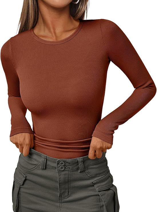 AUTOMET Womens Ribbed Shirts Crewneck Fitted Tops Casual Underscrubs Layer Slim Basic T-Shirts | Amazon (US)