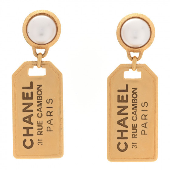 CHANEL Pearl CC Tags Drop Earrings Gold | Fashionphile