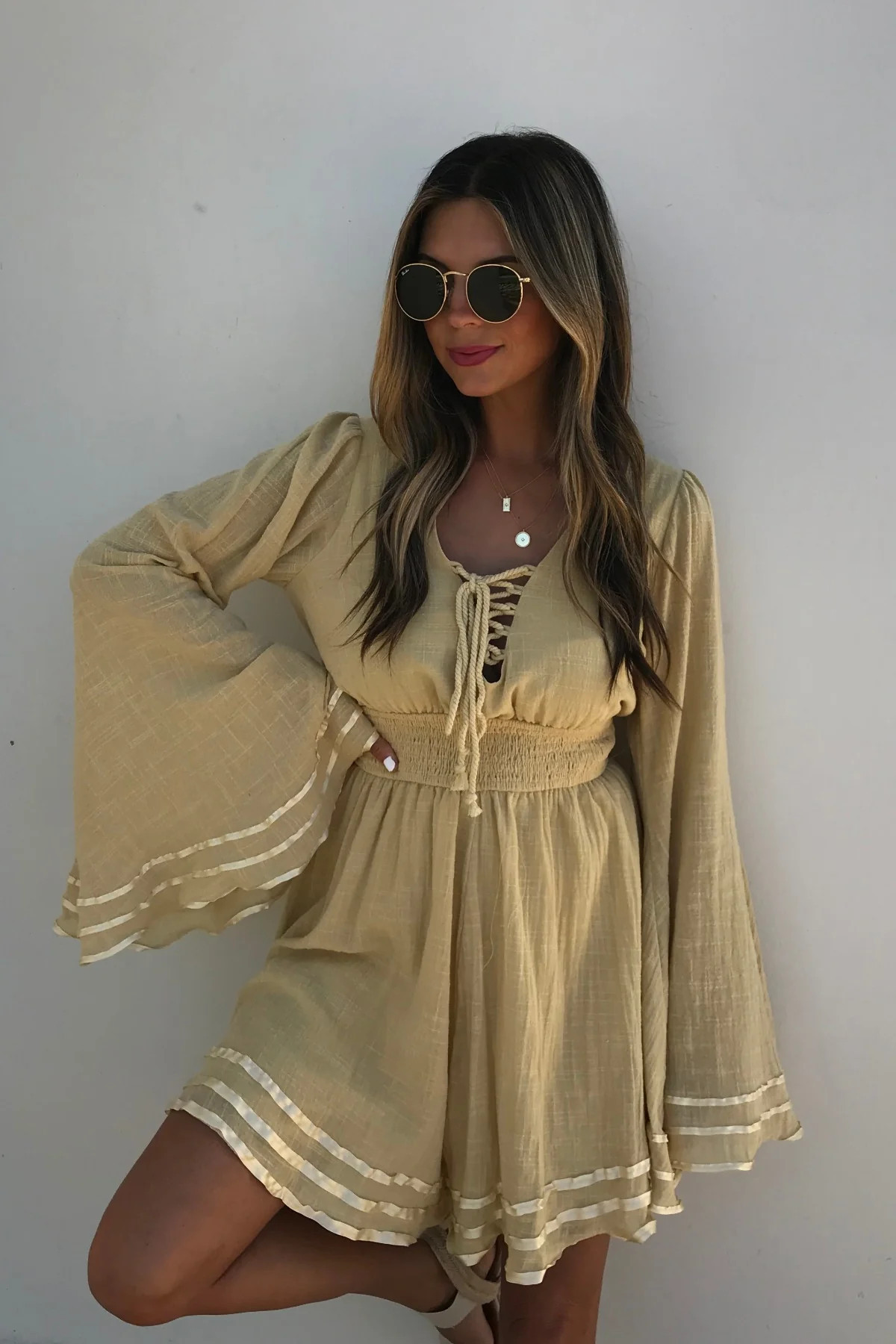 Women's Golden Hour Bell Sleeve Romper - Yellow | Magnolia Boutique