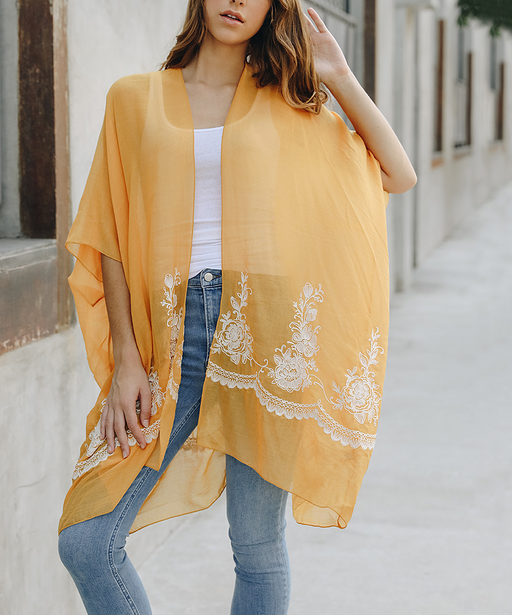Leto Collection Women's Kimono Cardigans MUSTARD - Mustard Floral Embroidered Kimono | Zulily