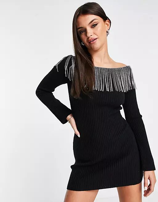Miss Selfridge diamante fringe knit bardot dress in black | ASOS | ASOS (Global)
