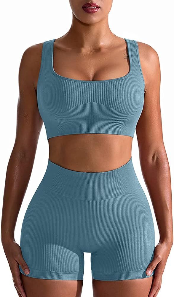 Workout Outfits for Women 2 Piece Seamless Ribbed High Waist Leggings with Sports Bra Exercise Se... | Amazon (US)