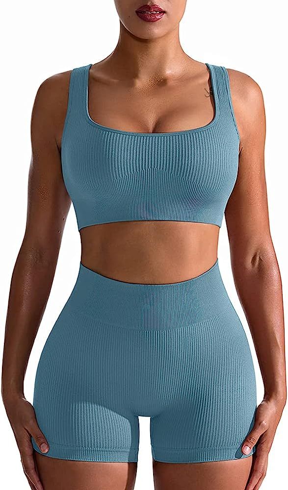 OQQ Workout Outfits for Women 2 Piece Seamless Ribbed High Waist Leggings with Sports Bra Exercis... | Amazon (US)