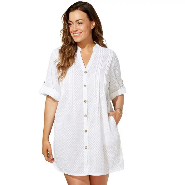 Swimsuits For All Women's Plus Size Brynn Sheer Button Up Cover Up Shirt 6/8 White | Walmart (US)