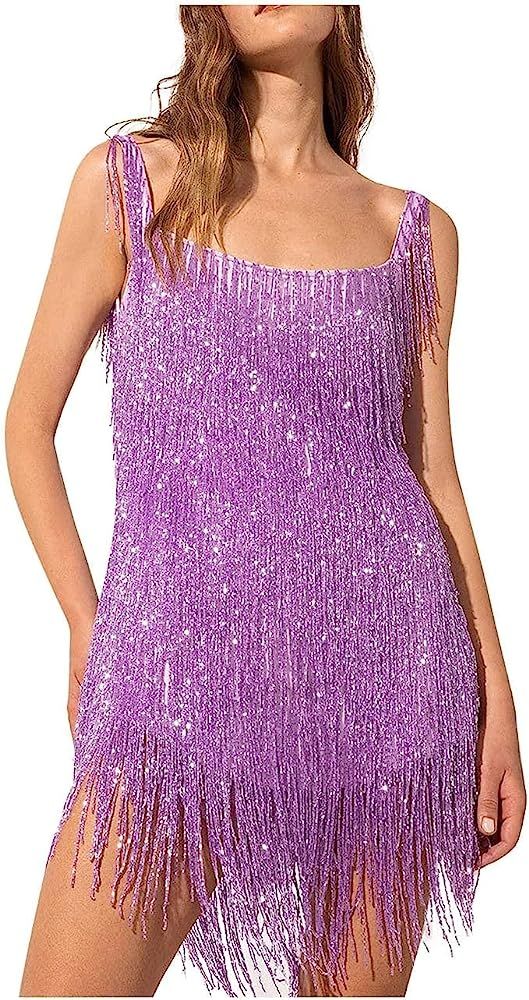 Aopwsrlyi Sparkly Tassels Fringe Dress for Women Sexy Deep V Neck Backless Sequin Mini Dress Part... | Amazon (US)