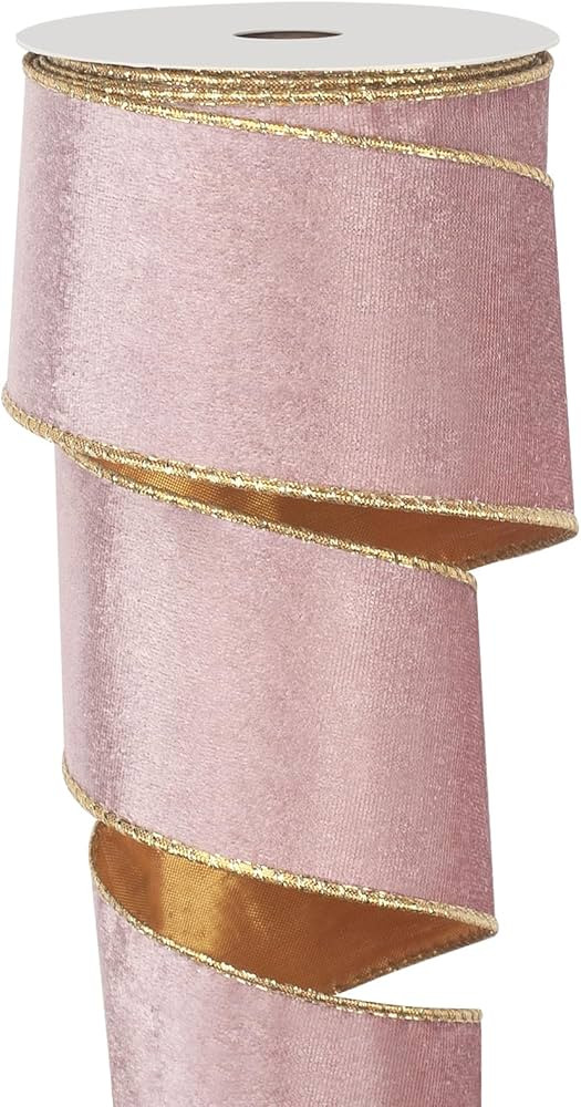 Pink Velvet Wired Ribbon, Christmas Ribbon Wired 2.5 inch Wide, 10 Yards Vintage Pink and Gold Ri... | Amazon (US)