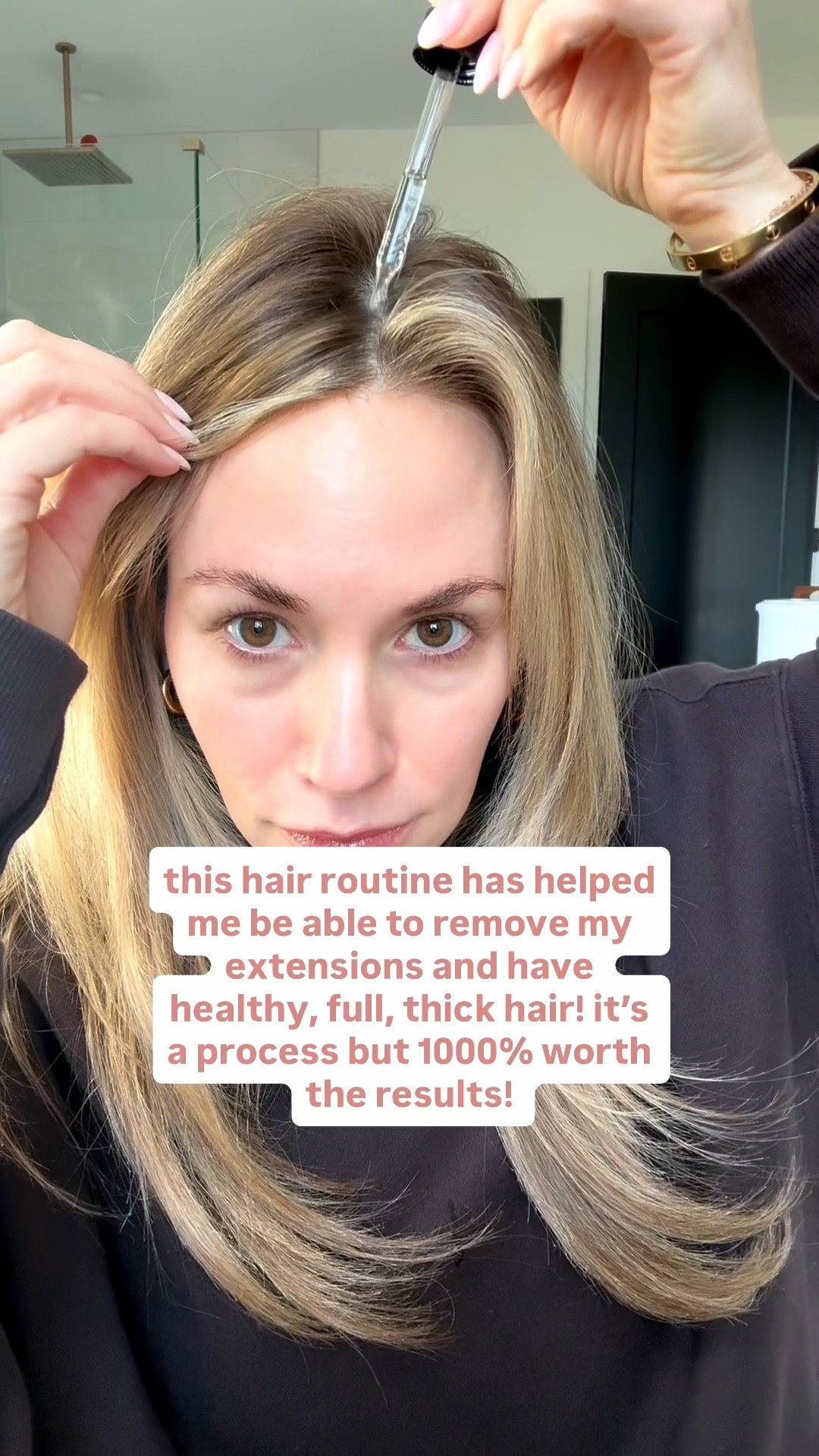 I have really worked in my hair routine to get it healthy enough to take out my extensions. I still can’t believe this is my hair! 

I apply the rosemary oil and caster oil to my scalp in various areas and really massage it in. The I spray my hair with water and apply the hair mask. I add this foil shower cap to help amplify the oils and mask. Then I heat up my regular shower cap in the towel warmer because heat helps it even more! I try to leave this on for at least 30 mins to 1 hour. Then i double shampoo and condition in the shower. This process has been amazing for my hair growth and making my hair stronger  

#LTKselfcare #LTKstorytime #LTKvlog