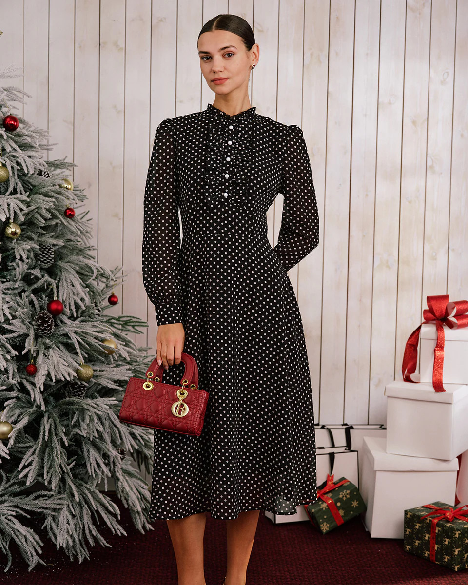 Black Polka Dot Mock Neck Midi Dress | rihoas.com