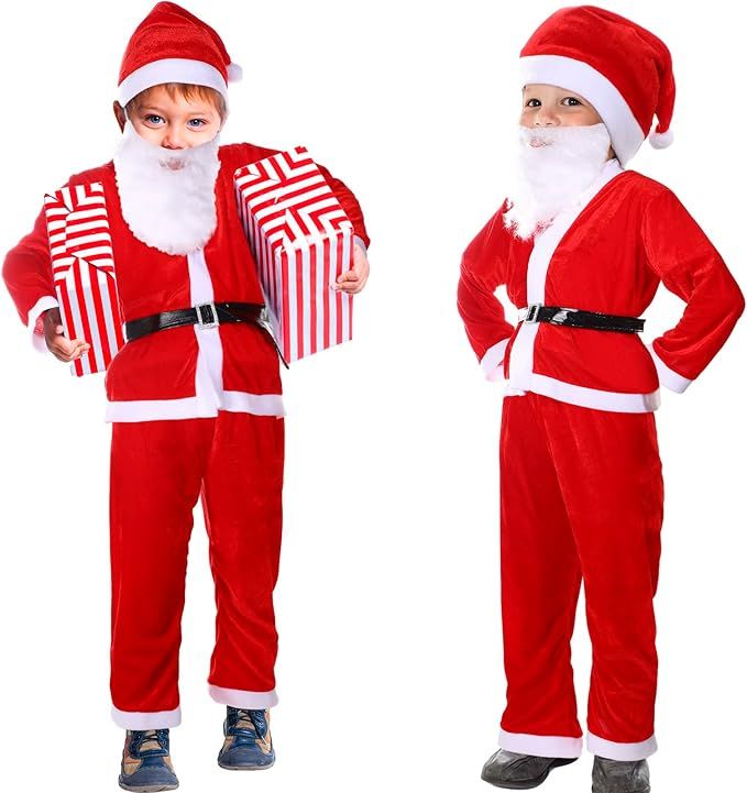 JaGely 2 Set Boys Costume Suit with Santa Claus Belt, Beard, Hat, Christmas Kids Party Cosplay Su... | Amazon (US)