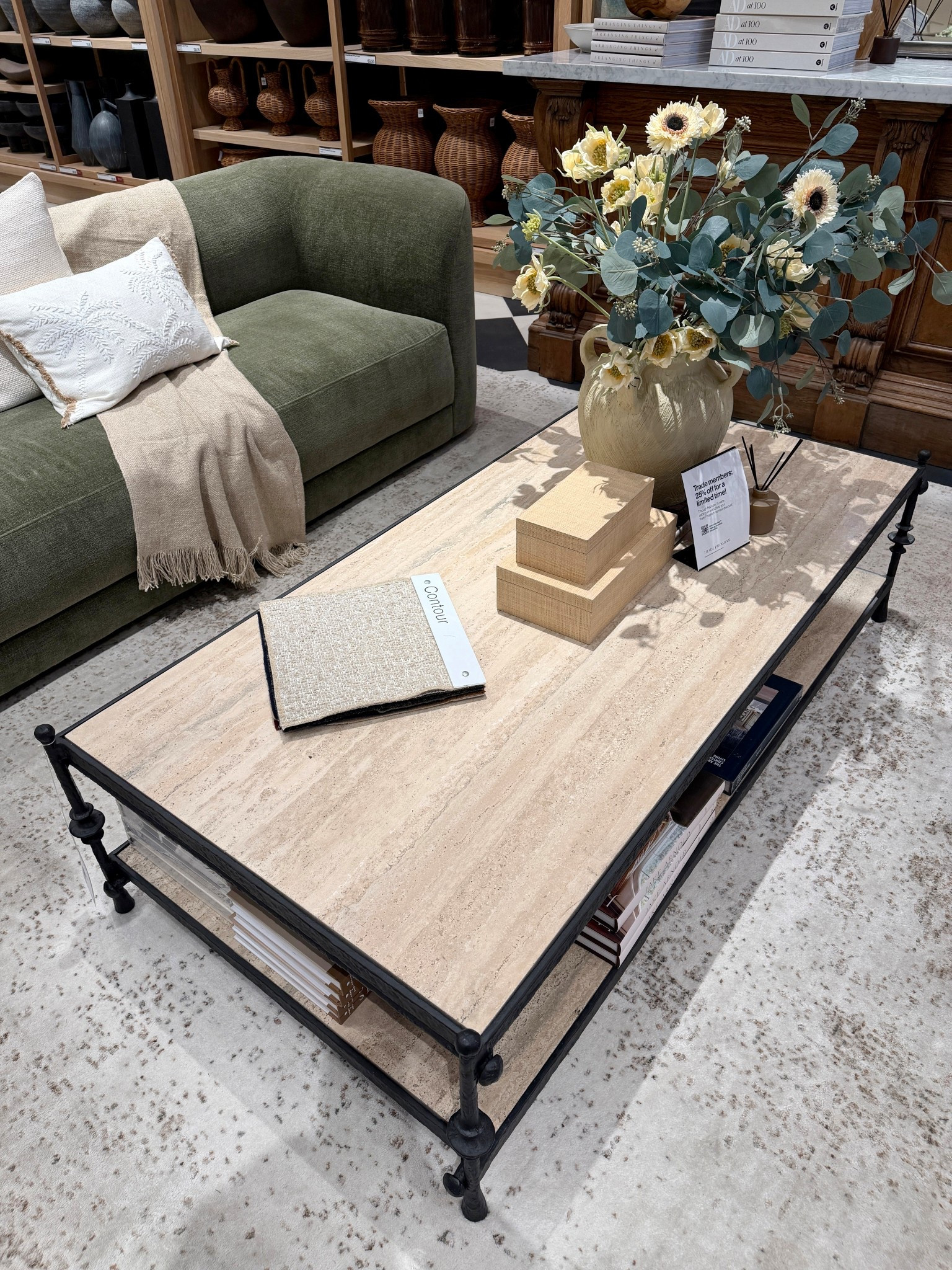 Designer coffee table moment! 😍 The Estate Travertine & Metal Coffee Table by Jake Arnold for Crate & Barrel blends sculptural metal with beautifully veined travertine for a look that feels both refined and earthy. 🌿 The blackened cast metal frame highlights the architectural details, while the natural stone adds warmth and texture. 🤎 A striking centerpiece that’s stylish, sturdy, and full of character. Linked this piece and a few similar designer-inspired coffee tables to shop! ✨ #CrateAndBarrel #CoffeeTable #LivingRoomInspo 

#LTKHome #LTKSaleAlert