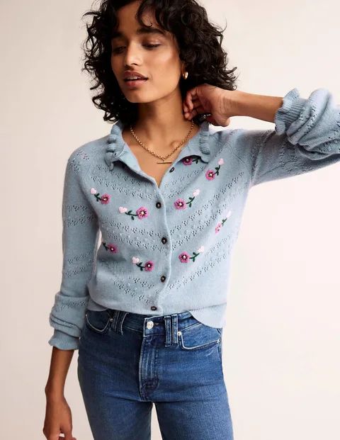 Floral-Embroidered Cardigan - Blue Pebble | Boden (UK & IE)