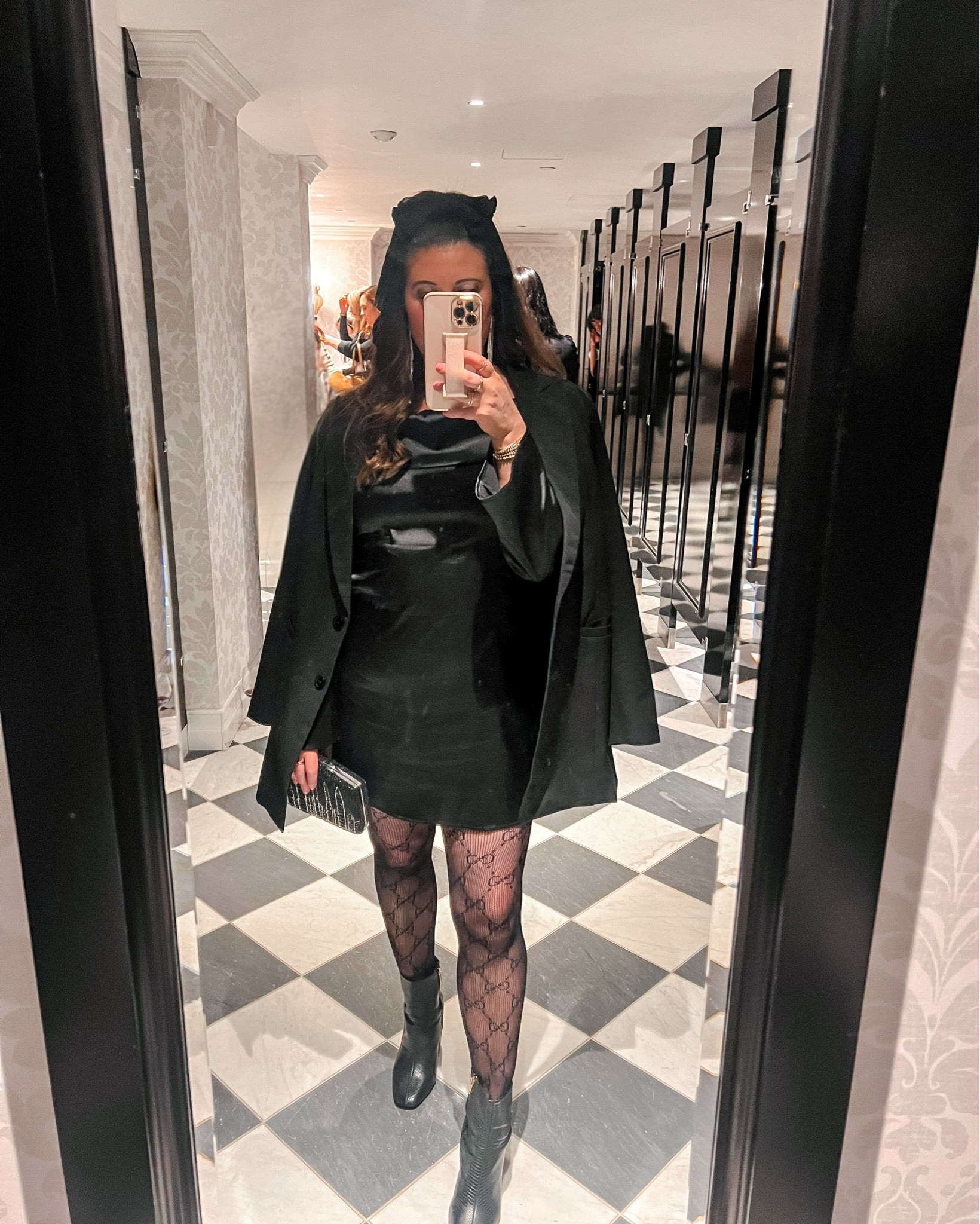 NYFW ‘25 👠🚕🍎💋 
Black outfit, bows, beaded clutch, New York, fashion week, Gucci fishnet stockings, black bow dress, black blazer 

#LTKNYFW #LTKMostLoved #LTKStyleTip