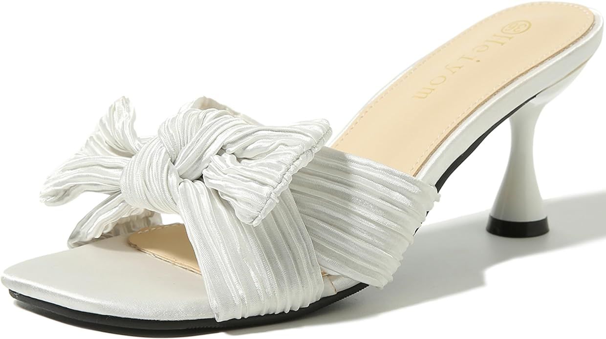 Heiyom Women's Bowknot Low Stilettos Heels Mules Sandals Slip on Pleated Bow Heels Wedding Bridal... | Amazon (US)